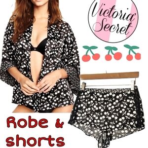 Victoria's Secret Satin & Lace Accent Cherries Kimono & Shorts  Sleepwear Set